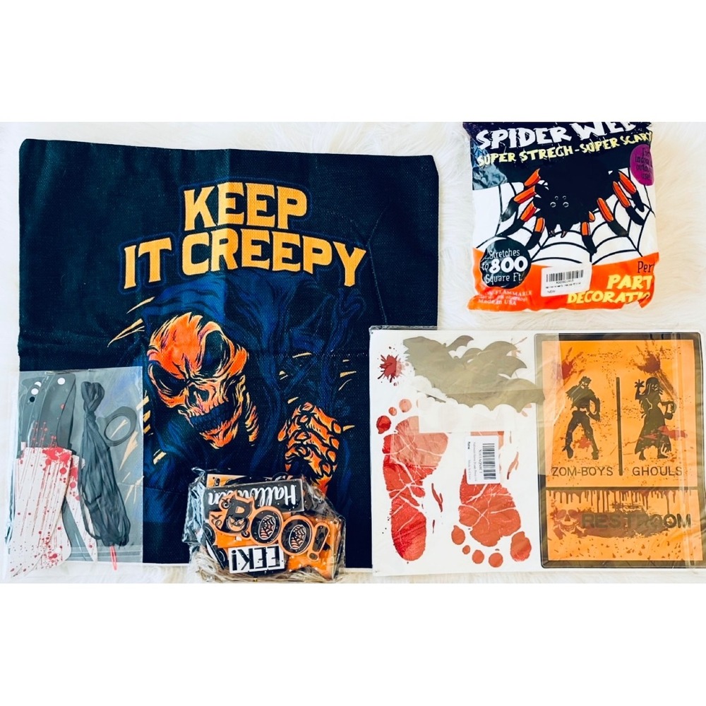 Halloween Decorations Bundle: Pillow Cover, Spider‎ Webs, Bloody Decor